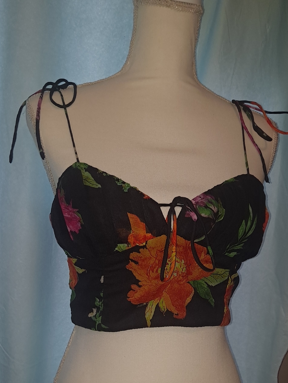 Urban Outfitters Black Floral Tie-Shoulder Crop Top with Orange Bloom